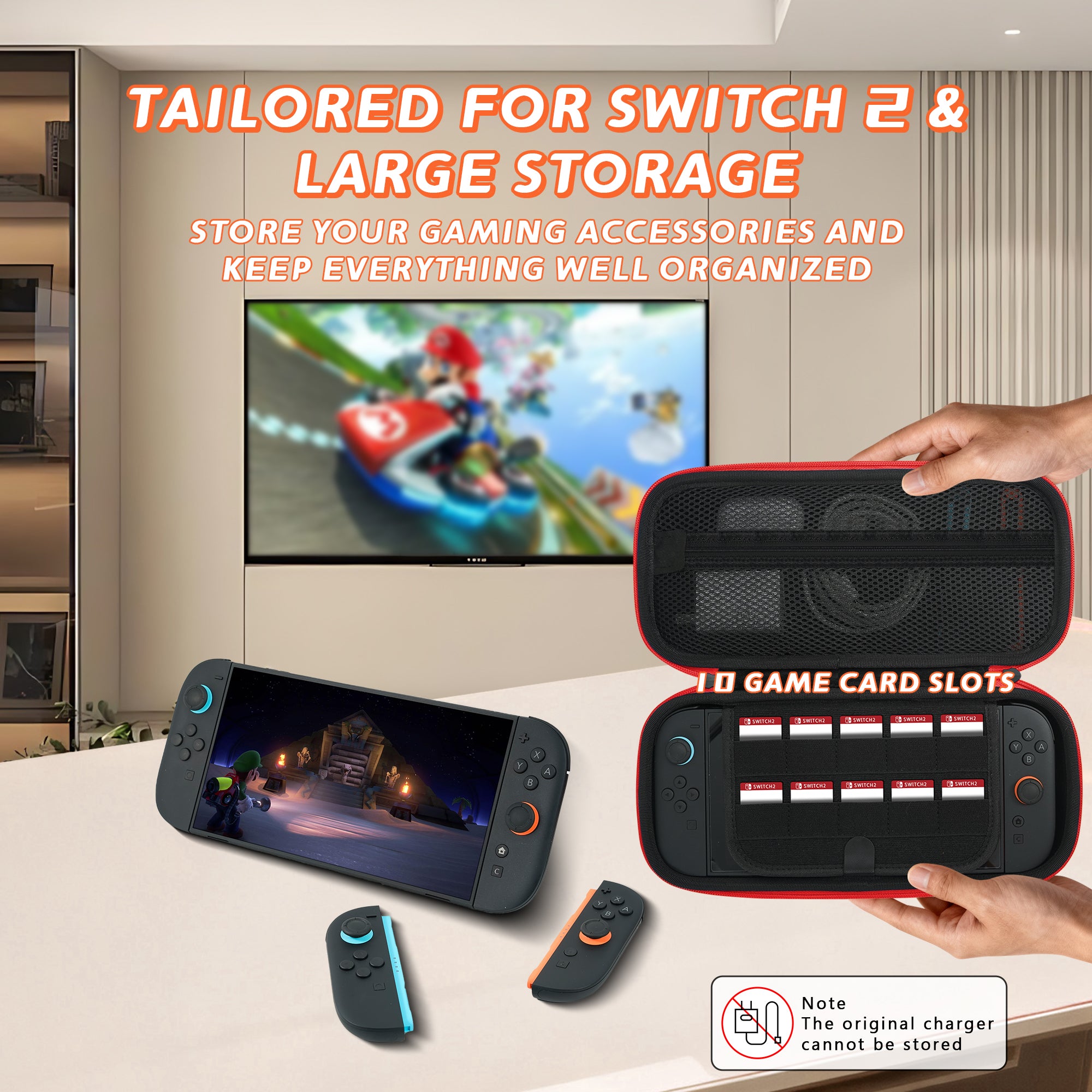 Nintendo Switch 2 Carrying Case, Hard Shell Protective travel Bag with 10 Game Card Slots, Waterproof, Red