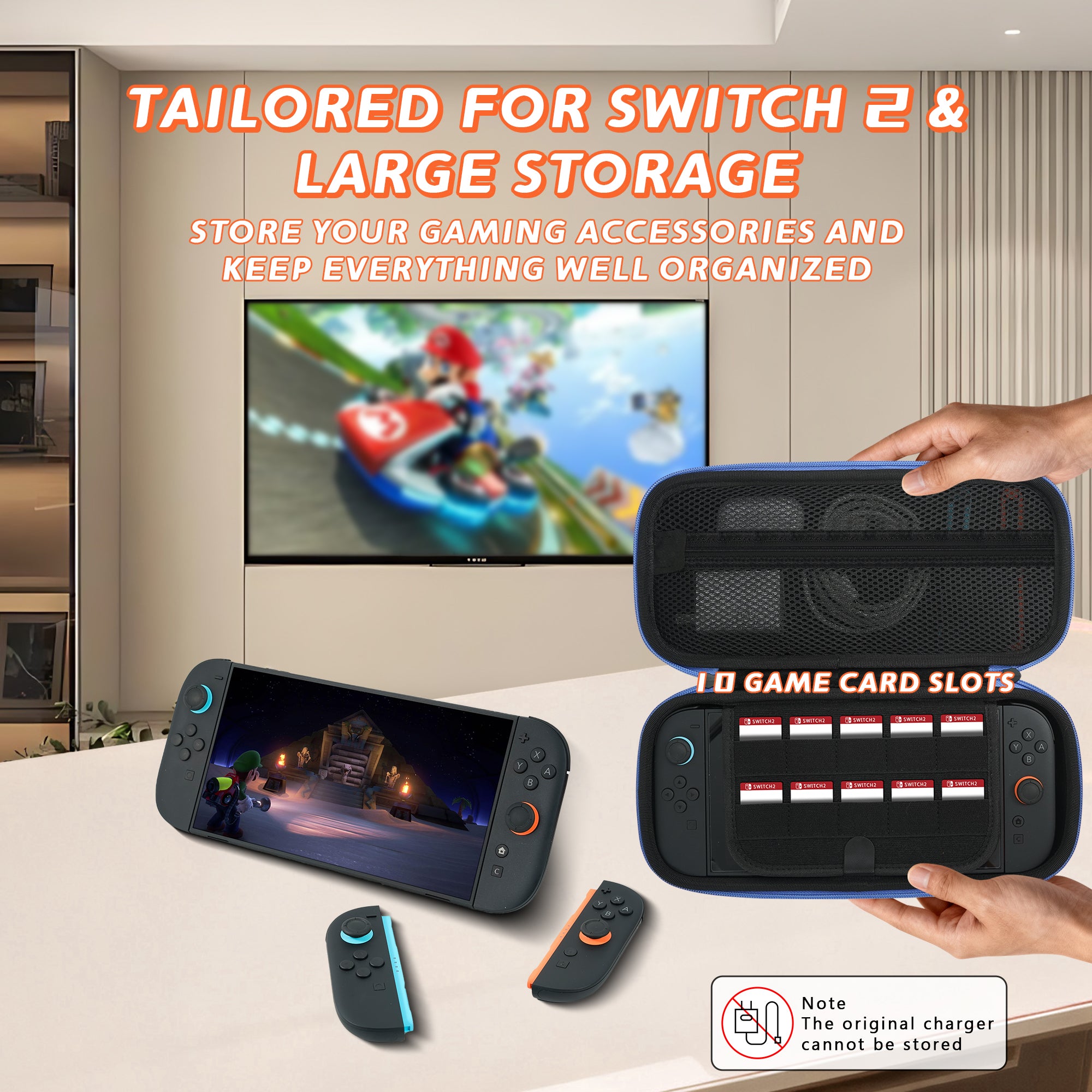 Nintendo Switch 2 Carrying Case, Hard Shell Protective travel Bag with 10 Game Card Slots, Waterproof, Blue